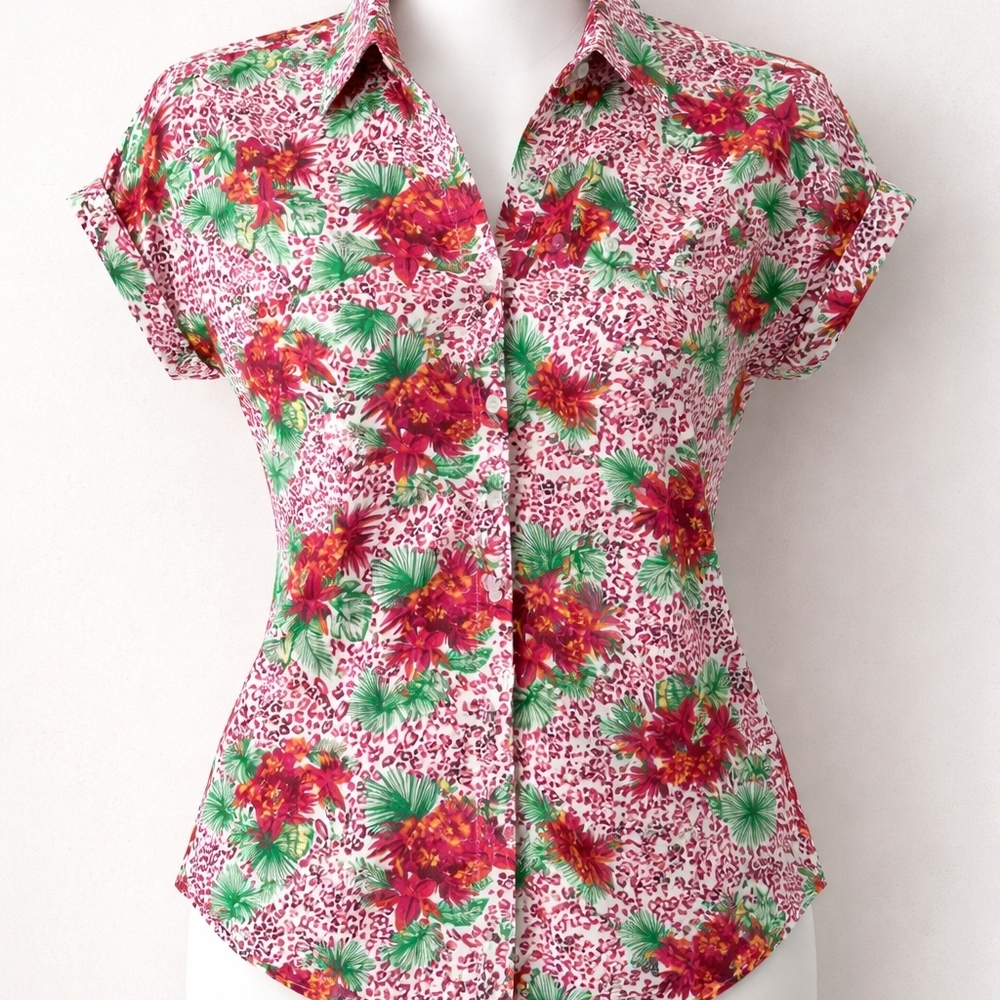 Love by Chesley Tropical Floral Leopard Print Button Up Blouse Size M